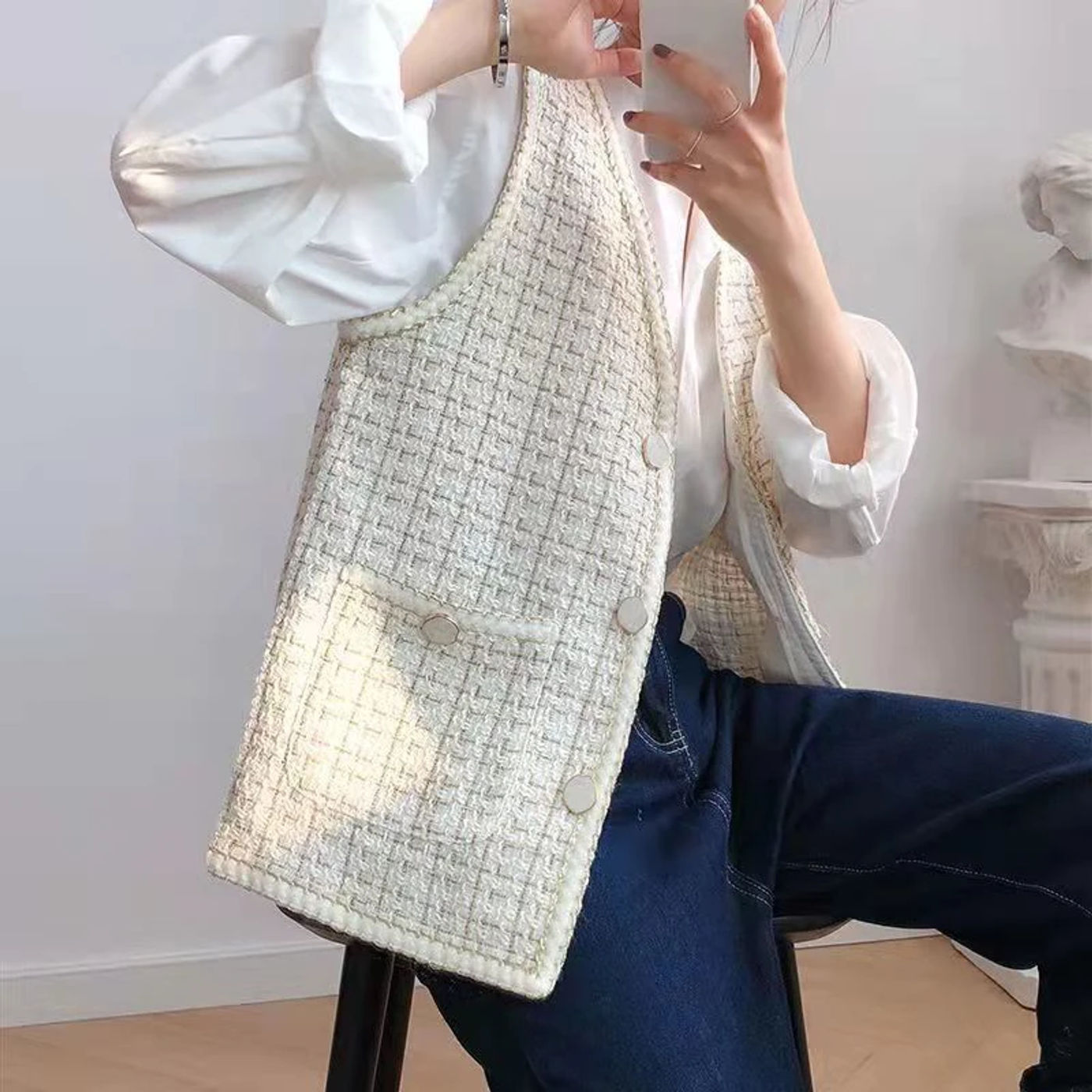 Description Picture 5 of itemZoki Japan Women Sweet Tweed Vest Fashion Fall Casual Elegant Vest Jacket Design Office Lady Loose V Neck Chic All Match Outwear