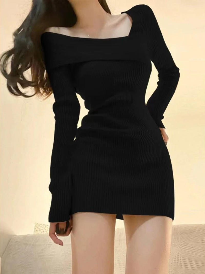 Description Picture 5 of itemDeeptown Korean Style Mini Knitted One-piece Dress Women Coquette Sexy Long Sleeve Tunic Cabaret Dresses Khaki Winter Clothes