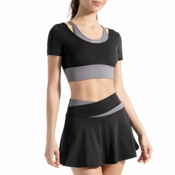 Colored High Elasticity Belt Chest Cushion Yoga Fake Two Piece Short Sleeve T-shirt Nude Anti Light Sports Short Skirt Set