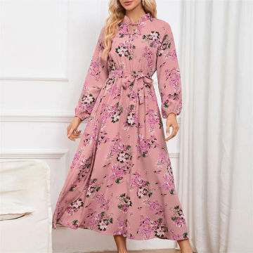 Vintage Floral Print Lace Up High Waist Elegant Party Dresses for Women Autumn Fashion Ruffled Long Sleeve Maxi Dress Robe Femme