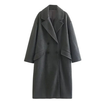 Women's Autumn and Winter Grey Button Wool Coat Fashion Thickened Long Coat Retro V Neck Long Sleeve Pocket Jacket