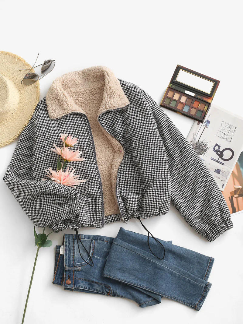 Description Picture 2 of itemZAFUL Zip Up Fleece Lined Plaid Houndstooth Jacket Women Drawstring Coat Winter Warm Outwear