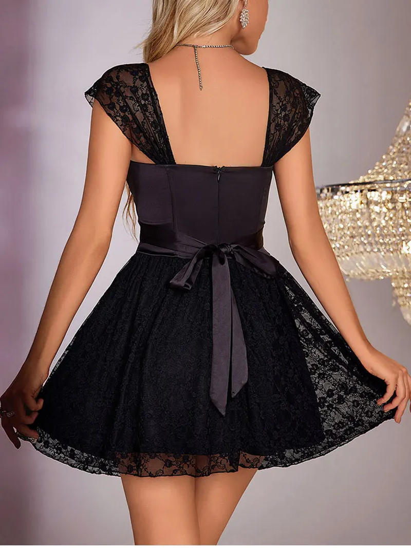 Description Picture 3 of itemHTZMO Elegant Off Shoulder Mini Dress For Women Sweet Bow Lace Underwire 2 Layers Elastic Dresses Autumn Party Night Short Gown