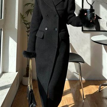 Korean High-end Women Fashion Fox Fur Sleeves Hourglass Slimming Fit Double-sided Silk Soft Wool Cashmere Coat Woolen Overcoat