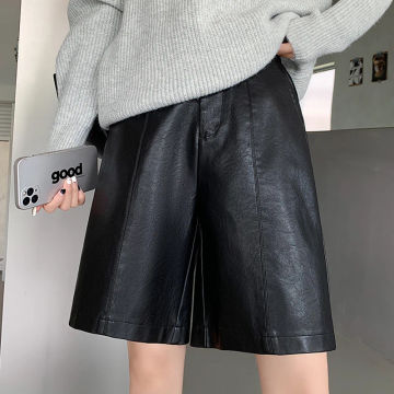 Summer PU Leather Wide Leg Shorts Casual Black High Waist Shorts Capris Fashion Loose Straight Pants New Pantalones Mujer 28412