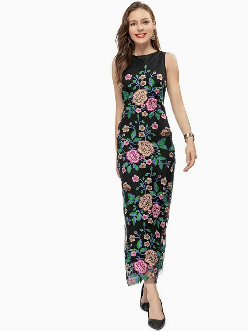 Description Picture 2 of itemFashion Designer Spring Summer Women Long Mesh Dress O-Neck Sleeveless Flowers Embroidery Vintage Party Slim Dresses