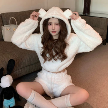 Kawaii Lolita Cute 2 Piece Sets Autumn Winter Women Sweet Chic Bear Ear Hooded Coat High Waist Shorts Girls Harajuku Hoodie Suit