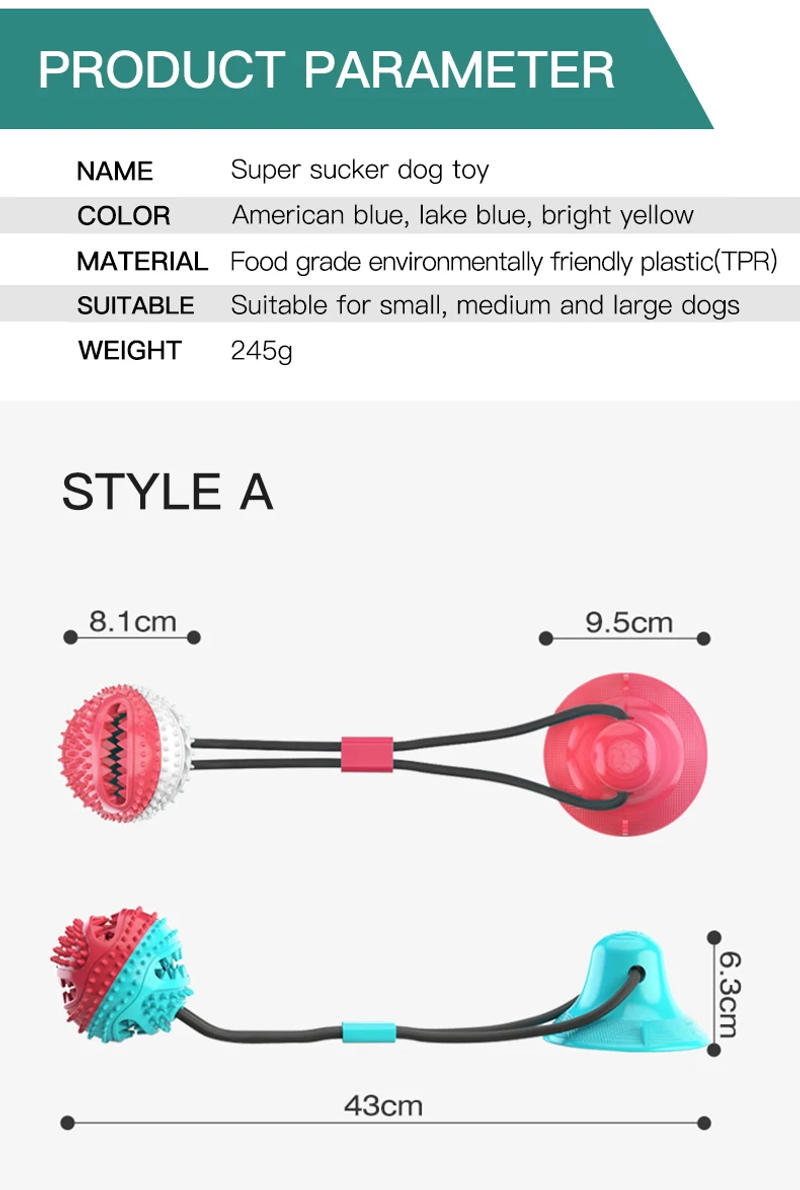 Description Picture 3 of itemFenice Dog Toys Pet Puppy Interactive Suction Cup Push TPR Ball Toys Molar Bite Toy Elastic Ropes Dog Tooth Cleaning Chewing