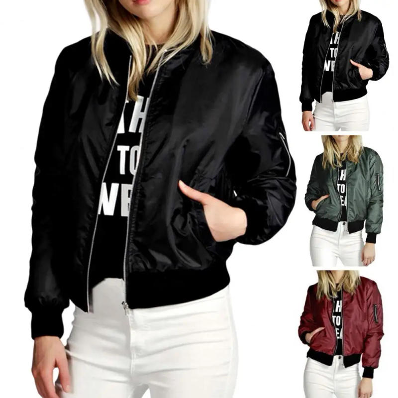 Description Picture 2 of itemWomen Casual Pocket Bomber Jacket Loose Commuter Streetwear Lady Spring Coat Zipper Cardigan Stand Collar Women Jacket Outerwear