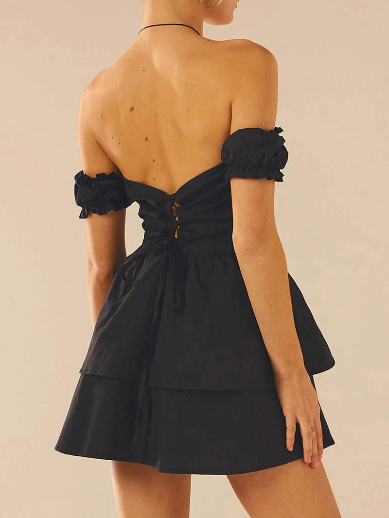 Description Picture 2 of itemZIYIXIN Women Y2k Romper Dress with Shorts Short Sleeve Sexy Solid Color Bodysuits Ruffle Off-shoulder Party Dress