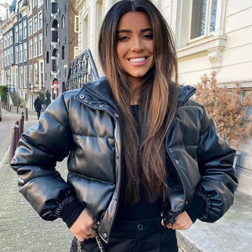 Winter Thick Warm Cropped Puffer Jacket Women Black PU Leather Parkas Elegant Zipper Coat Cotton Padded Punk Outwear 2023