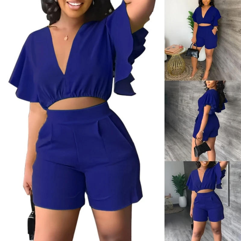 Description Picture 2 of itemRuffle Short V-neck Top Casual Shorts Summer Two-piece Set Solid Fashion Female Clothing Elegant Outfits for Woman H7EF