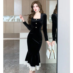 Elegant Hepburn Women Trumpet Dresses Winter Korean Fashion Chic Square Collar Long Sleeve Vestidos Patchwork Prom Bodycon Dress