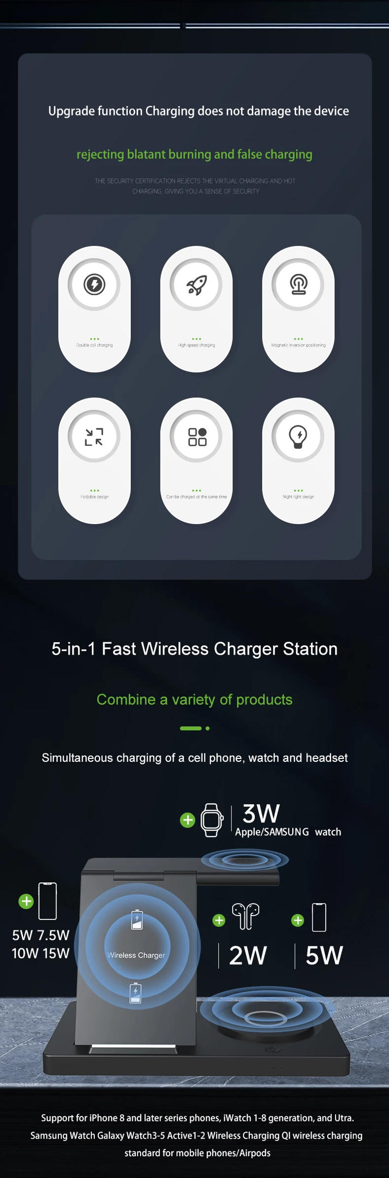Description Picture 4 of item3 in 1 Wireless Charger For iPhone X XS 14 13 12 11 Airpods Pro Apple Watch /Samsung S23 Galaxy Watch QI Fast Charging Station