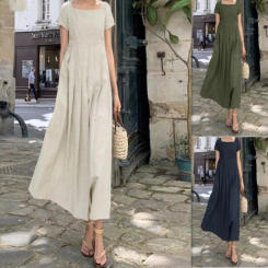 Dress for Women Cotton Blended Long Skirt Large Swing Sun Skirt Short Sleeve Square Neck Elegant Casual Long Pure Color Dress
