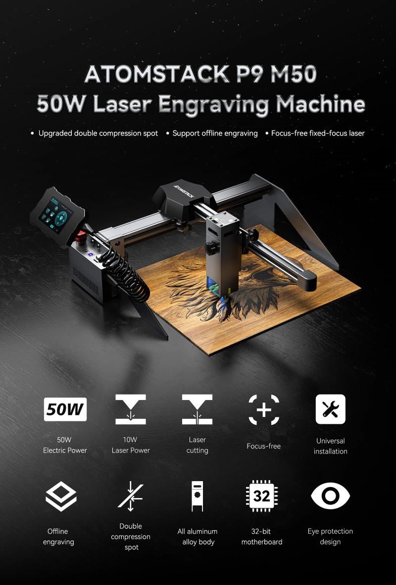 Description Picture 2 of itemAtomstack P9 M50 50W Laser Engraver Desktop CNC Laser Cutter with 3.5 Inch Touch Screen Fixed-Focus Laser Machine Cut Wood