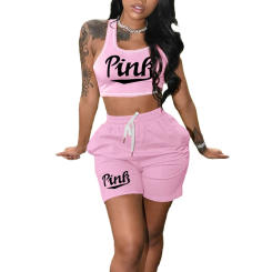 Pink Shorts Sets Fashion 2 Two Piece Tracksuits Outfits Letter Pink Print O Neck Sleeveless Crop Top Short Pants Set Sporty