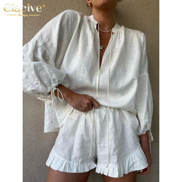 Clacive Casual Loose White Cotton 2 Piece Sets Women Outfit Elegant Lace-Up Puff Sleeve Shirt With High Waist Ruffle Shorts Set