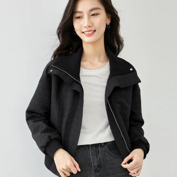 Vimly Zipper Black Cargo Jacket for Women 2023 Autumn Winter Outerwear Fashion Texture Jacquard Short Coat Female Clothing M2881