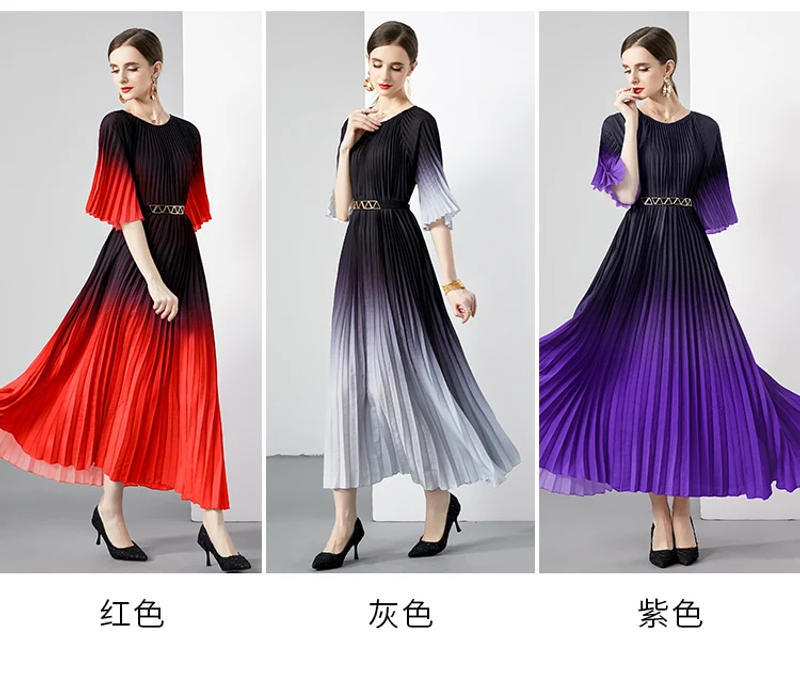 Description Picture 4 of itemMiyake New Summer Pleated Long Dress Women O-Neck Lace-up Belt Gradient Loose Large Size Vintage Party Vestidos Maxi Dress 2023