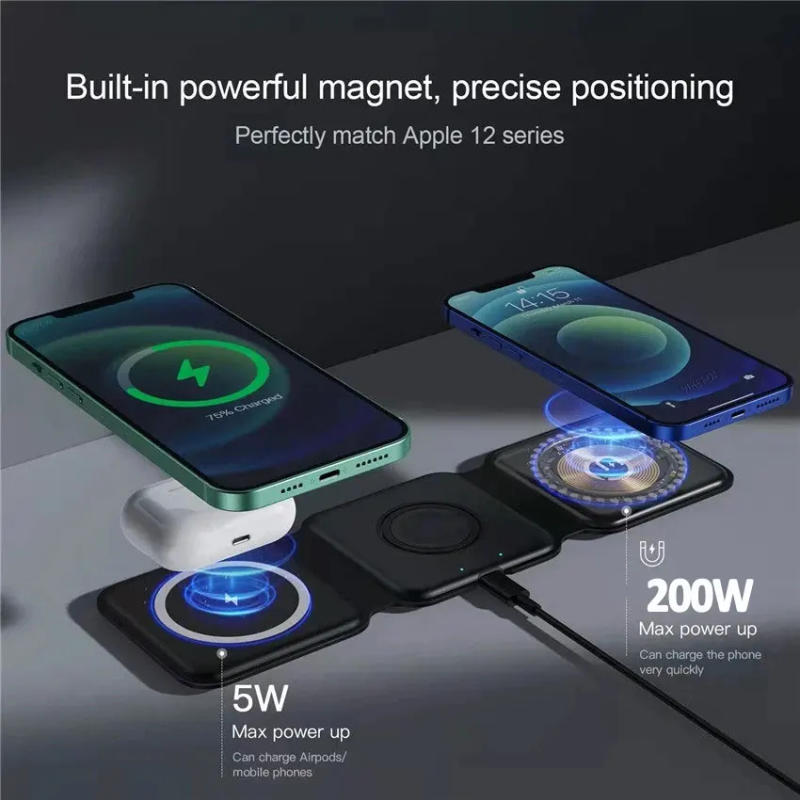 Description Picture 4 of item100W 3 in 1 Wireless Charger Pad Stand Magnetic Fast Charging Dock Station for iPhone 15 14 13 12 11 8 X XR Apple Watch Airpods