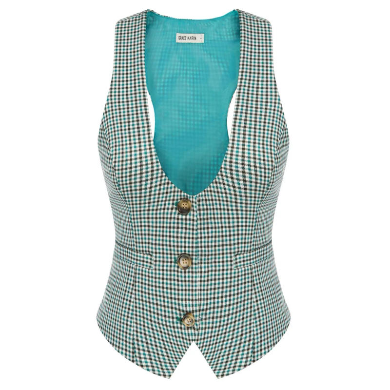 Description Picture 6 of itemGRACE KARIN Womens Waistcoat Vest Vintage Steampunk Dress Elegant Jacquard Jacket V-Neck Handkerchief Hem Plaided Waistcoat A3