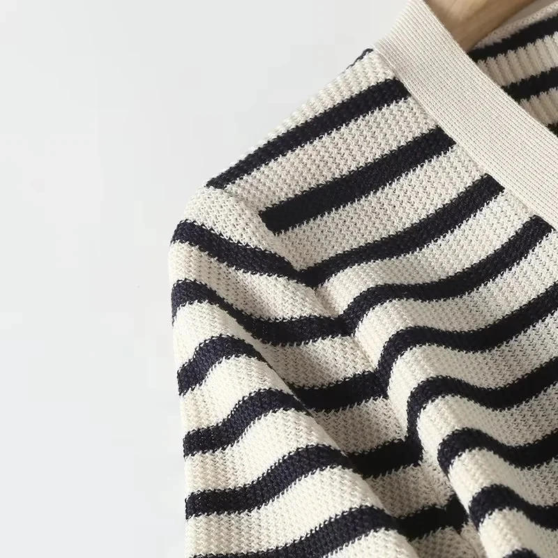 Description Picture 5 of itemXNWMNZ Women's Fashion 2023 Knitted Stripe V Neck Long dress Women Vintage Short Sleeve Front Button Versatile Female Dresses