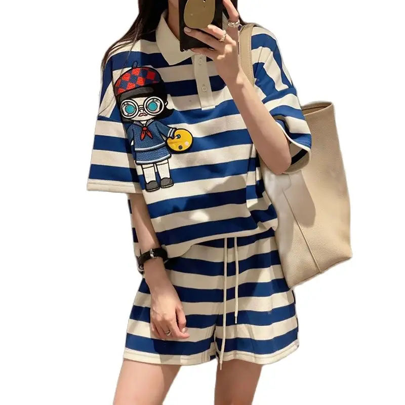 Striped Two Piece Shorts Sets For Women