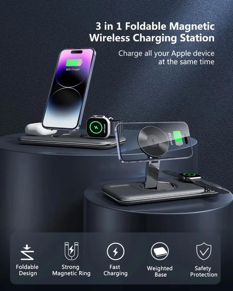 Description Picture 2 of item3-in-1 Alloy Zinc Foldable Magnetic Wireless Charger Stand Pad for iPhone 15 14 iWatch AirPods Macsafe Charging Docking Station