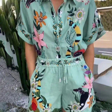 POKIHA Floral Printed Polo Neck Short Sleeve Women Shirt Fashion New Shorts Casual Blouse 2 Pieces Sets Outfits Summer Vacation