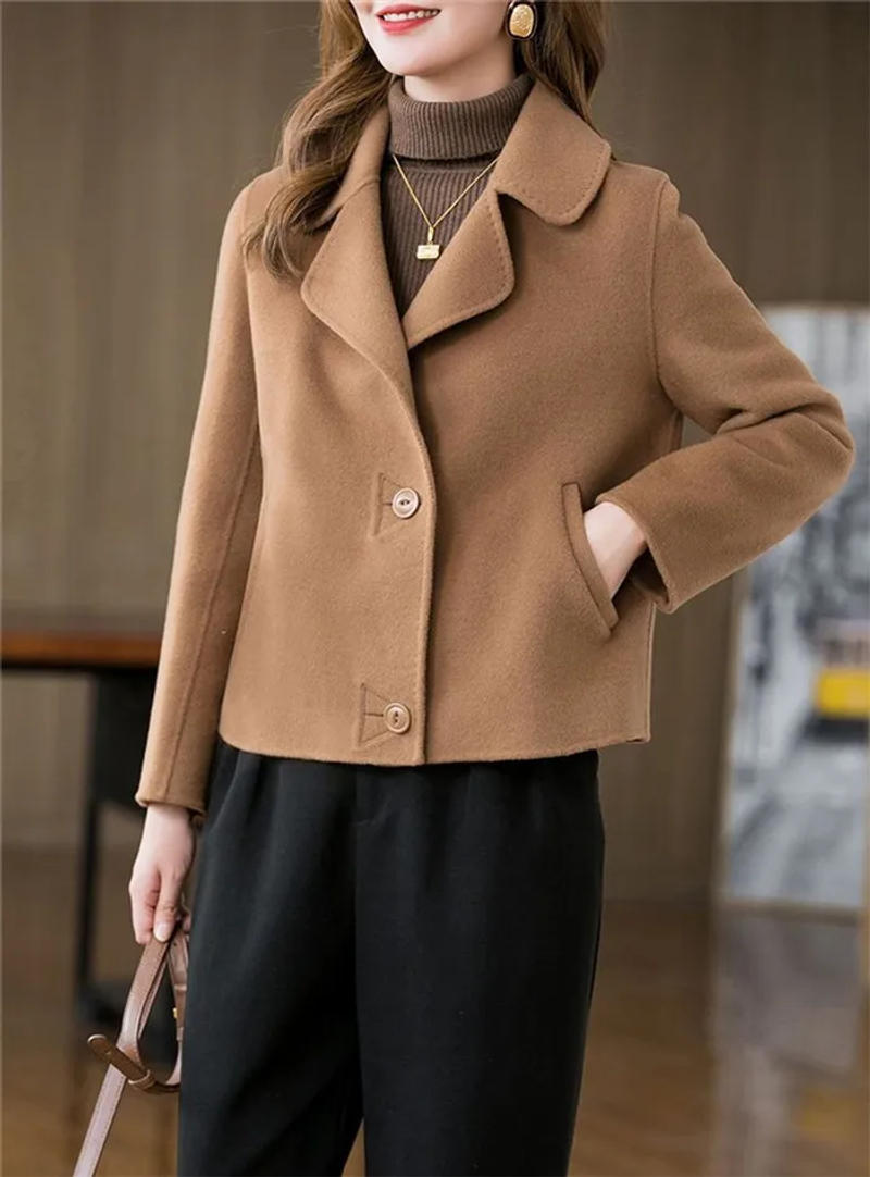 Description Picture 6 of itemFashion Woolen Coat Women Spring Autumn 2023 Short Lapel Collar Coats Loose Woolen Jackets Casual Outwear Female Overcoat