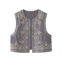 Nlzgmsj TRAF Wmen Vintage O Neck Sequins Flower Embroidery Short Vest Jacket Ladies Sleeveless Casual Velvet WaistCoat Tops