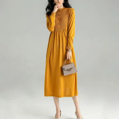 Oversize Long Loose Women Knitting Dress 2023 New Fashion O-neck Button Pullover Patchwork Folds Female Sweater Dresses