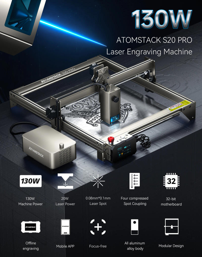 Description Picture 2 of itemATOMSTACK S20 Pro/S30 Pro Laser Engraver DIY CNC Desktop Laser Engraving Cutting Machine 22W/33W Output Metal Engraver Air Assis