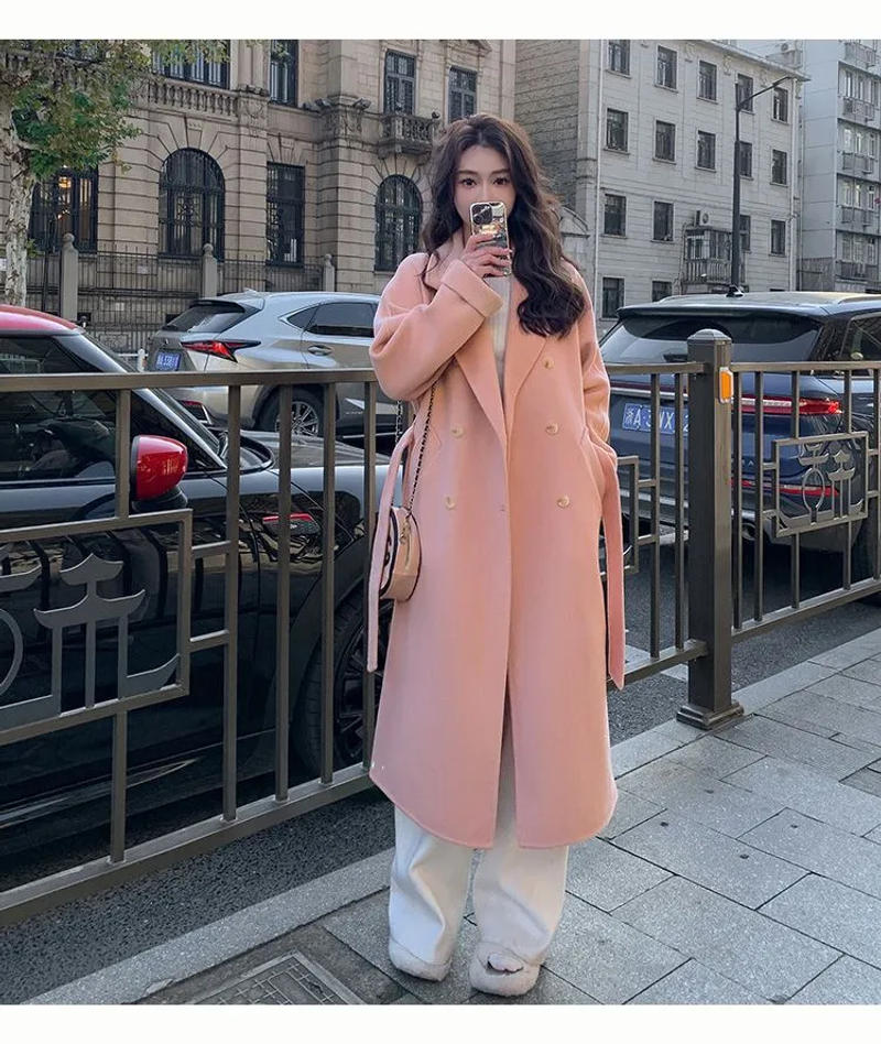 Description Picture 6 of itemKorean Fashion Women Casual Loose Woolen Coat Elegant and Chic Solid Outerwear Long Overcoat with Belted Female Warm Cloak