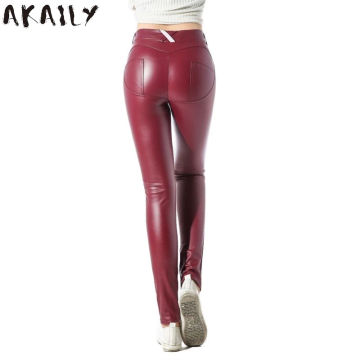 AKAILY Streetwear Leather Pants Women Hotpants Black High Waist Bodycon Stretch Pencil Pants Jegging 2021 Ladies Skinny Trousers