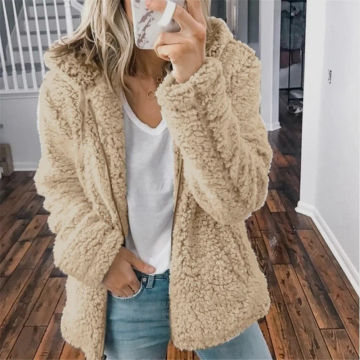 New Zipper Hooded Woolen Coat Woman Solid Fleece Jackets Cashmere Long Sleeved Loose Coats Female Winter Ladies Fashion Jacket