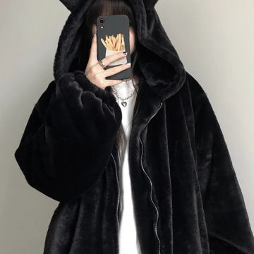SONNEESD Streetwear Harajuku Zipper Full Sleeve Lambswool Cat Ear Hooded Coat Vintage Thickening Fashion Basic Jacket Coat