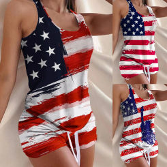 Summer Clothes Women Independence Day Outfits Sexy Flag Print Tanks Shorts Set Fitness Camis Top And Shorts Beach Two Piece Set