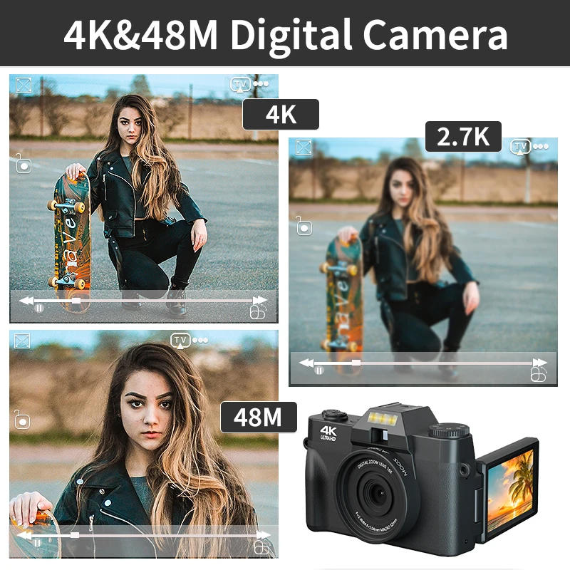 Description Picture 2 of item4K Digital Camera for Photography, 48MP Vlogging Camera, 3 Inch 180° Flip Screen, Built-in Flash and 16X Digital Zoom