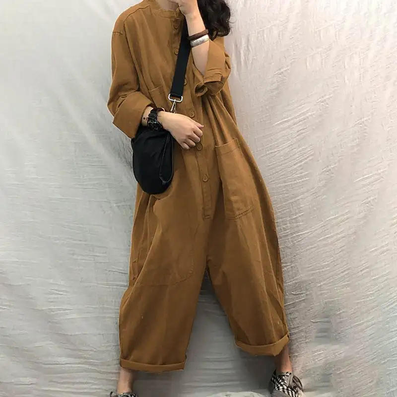 Description Picture 3 of itemWomen Jumpsuit 2023 Female Oversized Romper Autumn Loose Pockets Overalls Casual Solid Stand Collar Bottom