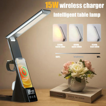2023 New 3-in-1 15W Wireless Charger with LED Folding Table Lamp and Clock Touch, Suitable for iPhone 15, 14, 13, 12 Pro Max