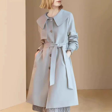 Office Ladies Chic Doll Collar Commuting Casual Windbreaker Coat  Autumn Elegant Solid Color Long-sleeved Midi Coat with Belt