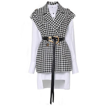 Autumn Houndstoot Plaid Tweed Two Piece Set Women's Sleeveless Notched Double Breasted Belted Vest Wool Suit And White Shirt Top