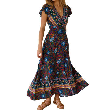 Summer Boho Waist Slit Maxi Dress Large Swing Printed Long Maxi Dress European Fashion V-Neck Bohemian for Weekend Vacation