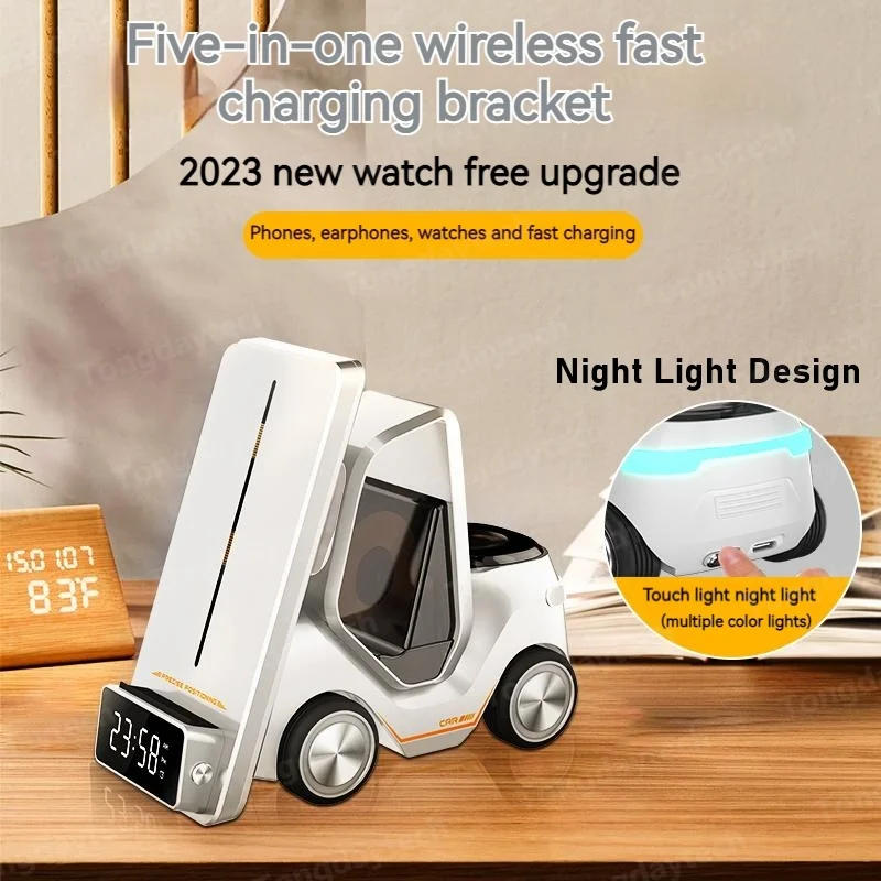 Description Picture 5 of item6IN1 Car Shape Alarm Clock Wireless Charger For Iphone 12 13 14 Pro Max Night Light Charging Station For Apple Watch Airpods Pro