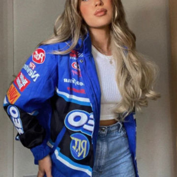 Women’S Motorcycle Jacket Blue Graphic Print Block Zip Up Oversized Baseball Varsity Coats Racer Jacket Hip Hop Streetwear Coats