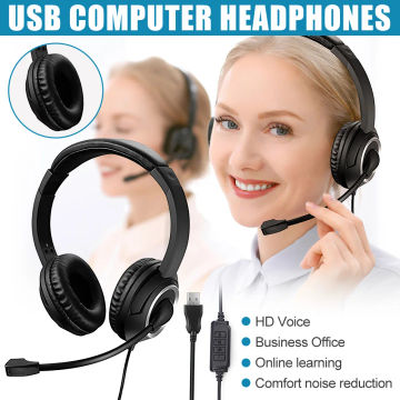 Wired USB Headset Call Center Headphones with Microphone Noise Cancelling Over Gaming Over-Ear Headsets for Computer PC Laptop