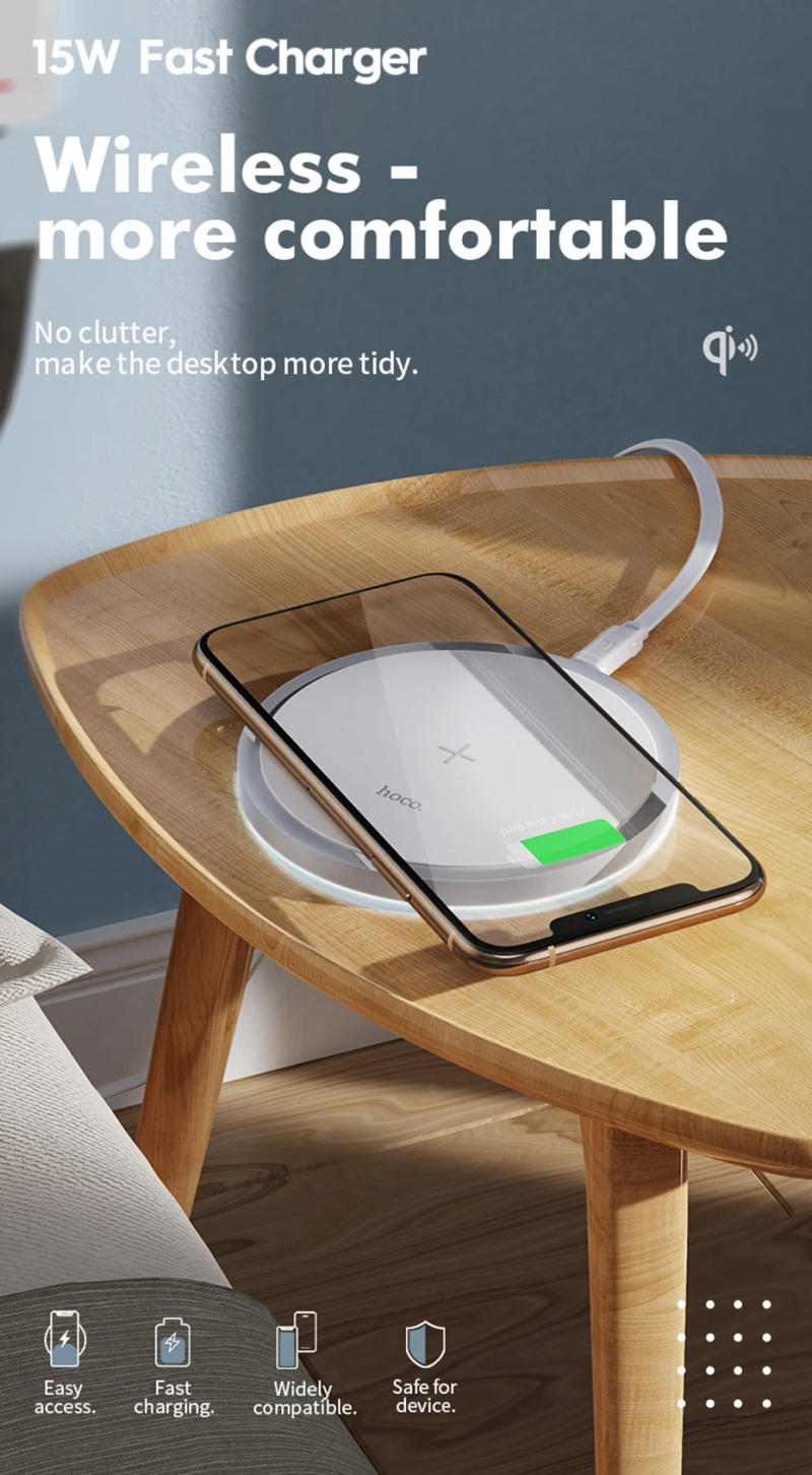 Description Picture 2 of itemHOCO 15W Fast Wireless Charger qi Wireless Charging Pad For iPhone 12 11 Pro X Xs Max Xiaomi mi 10 Samsung S10 S20 Note 20