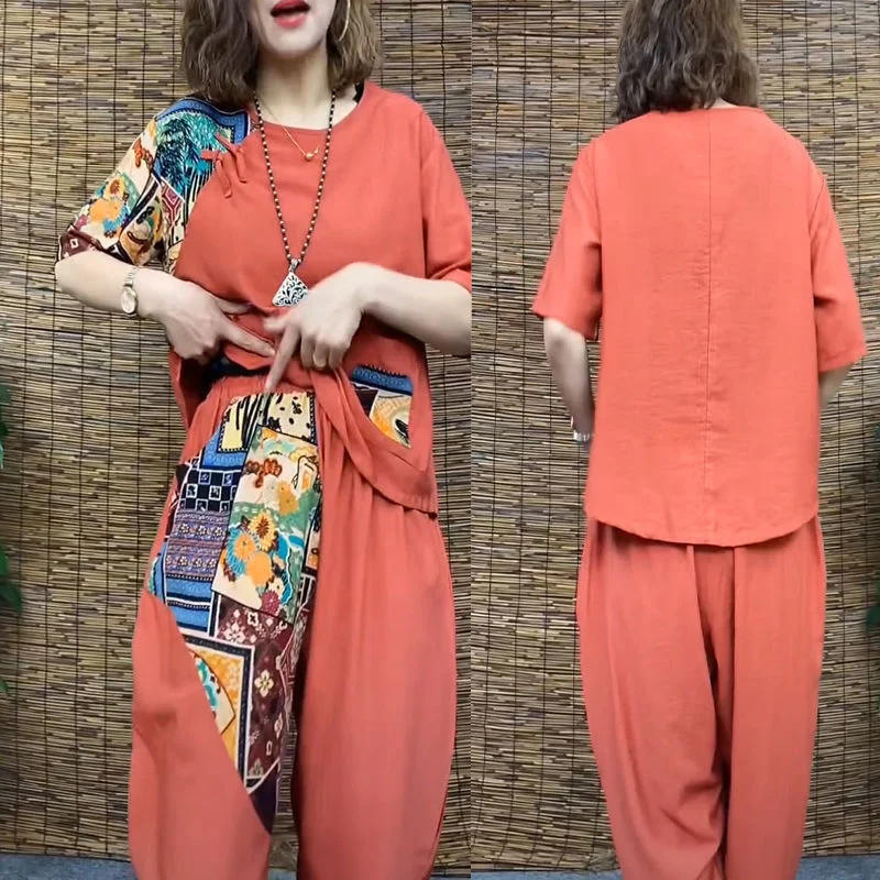 Description Picture 5 of itemWomen's Casual Suit 2023 Summer New Slim Short Sleeve T-Shirt Top Harlan Cropped Pants Plus Fashion Cotton Linen 2 Two Piece Set